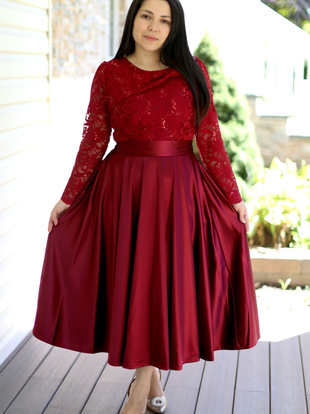 Deep Red Lace & Satin Midi Wedding Guest Prom Formal Dress